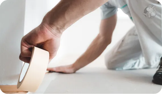 mężczyzna przyklejający białą taśmę malarską podczas remontu